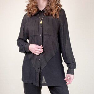 Vintage Linen Oversized Sheer Mesh Tunic Button Down Shirt Blouse Quiet Luxury